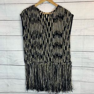 Vince Camuto small short sleeveless sweater tunic tassel poncho black biker moto